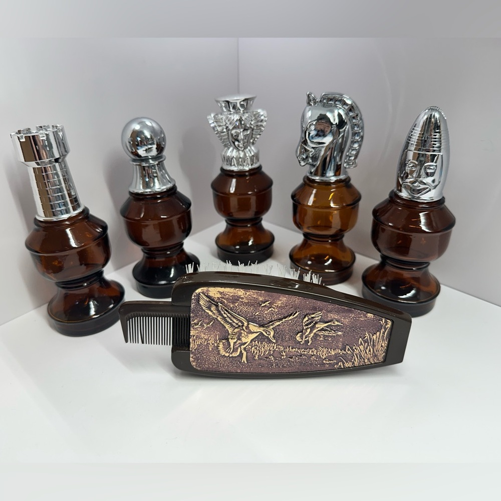 Vintage  Avon Chess Cologne Bottles and Outdoorsman Brush & Comb Set 1970's